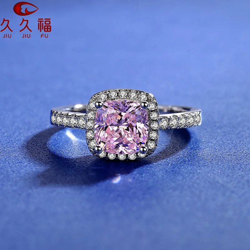 Exquisite Square Bag Color Diamond Ring for Women, PT950 Platinum Matching Moissanite, long-lasting luster.