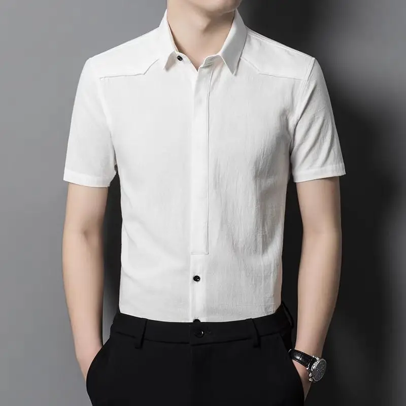 2024 New Summer Business Casual Simple Solid Color Trend Versatile Flip Collar with Hidden Buckle Thin Half Sleeve Shirt for Men