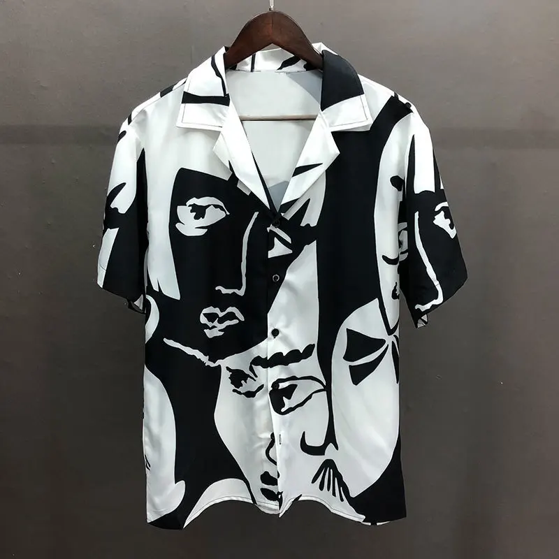 Portrait Black  White Contrast Print Shirt Short Sleeve Casual Men Shirt Streetwear Summer Camisa  Masculina  Shirt Moda Hombre