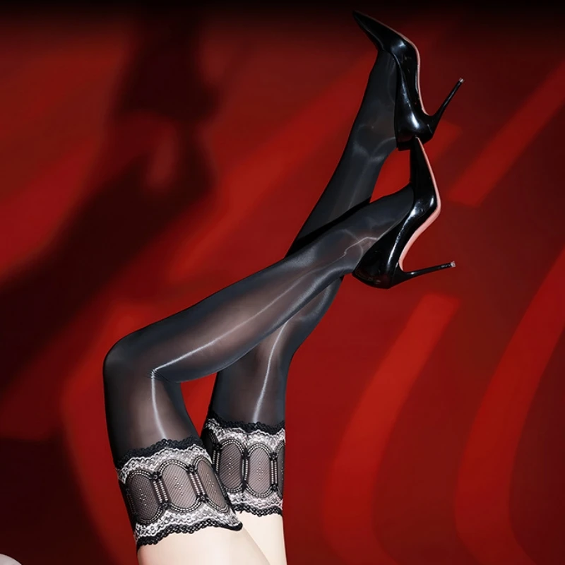 

Anti-slip Silicone Lace Patchwork Thigh High Stockings Women Sexy Oil Shiny Party Club Medias Ultrathin Transparent Lingerie