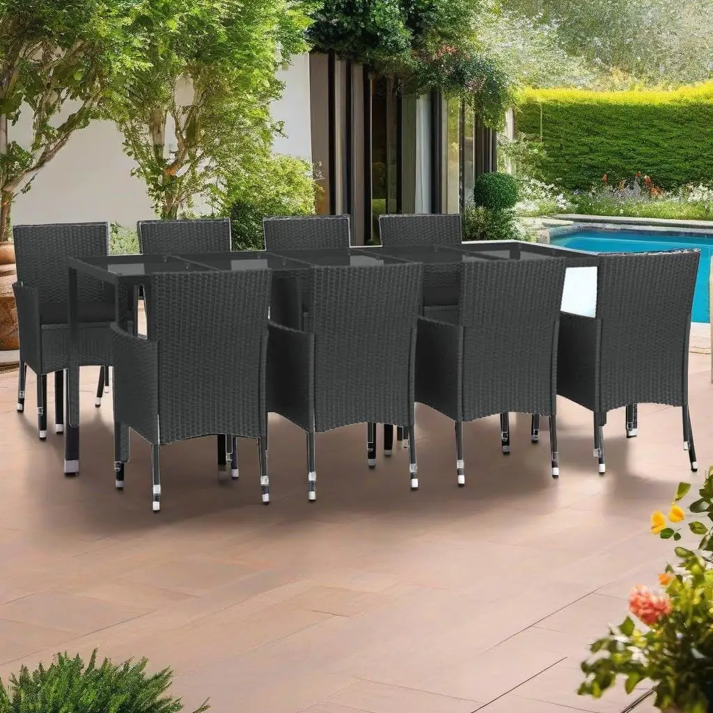 

9-Piece Outdoor Patio Dining Set with Cushions, Black Poly Rattan Furniture