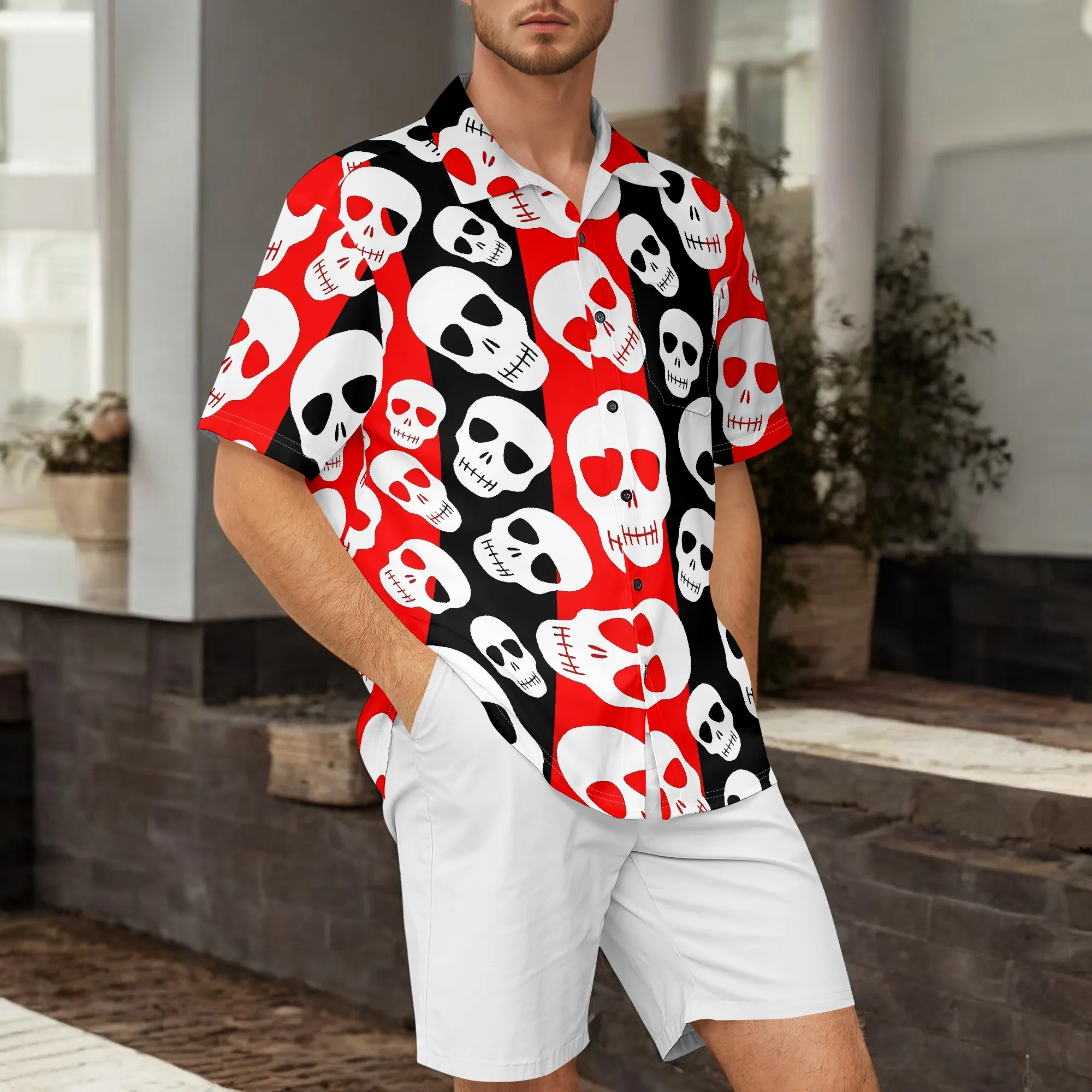 

YEAE Red Black Skull Print Shirt for Men Summer Casual Short Sleeve Top