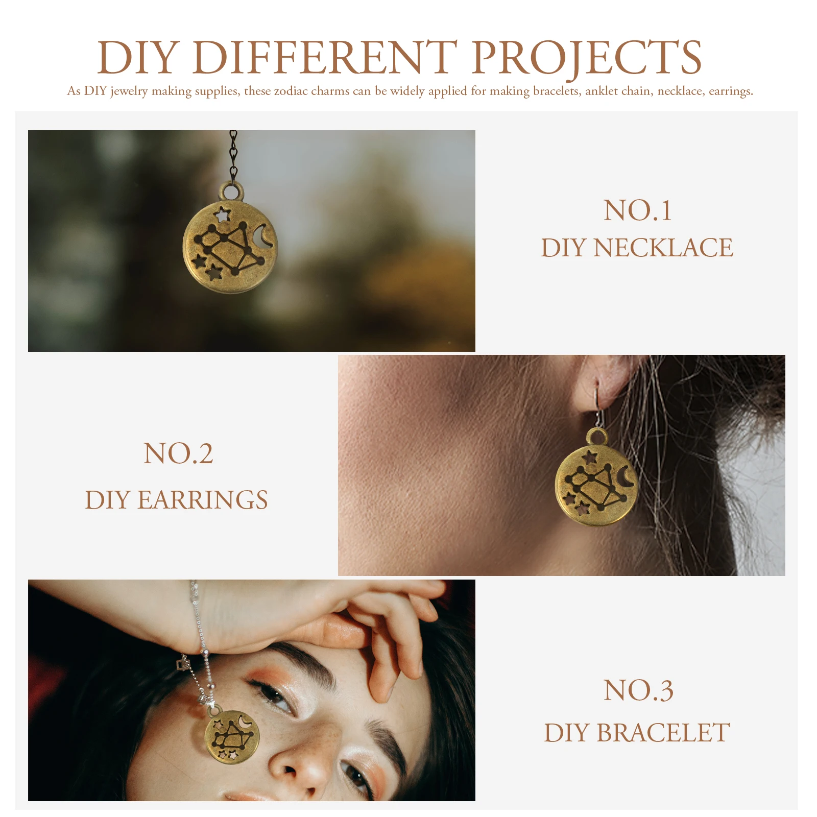 

72 Pcs 12 Zodiac Hollow Metal Charms Bulk Jewelry Pendant Necklace Bracelet Accessories Retro Making