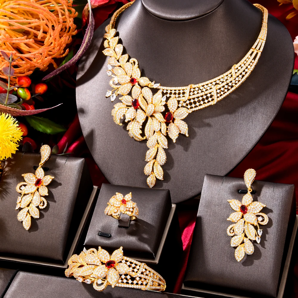 GODKI Famous Brand 4PCS Red CZ Luxury African Jewelry Set For Women Wedding Party Zircon Crystal Dubai Bridal Jewelry Set