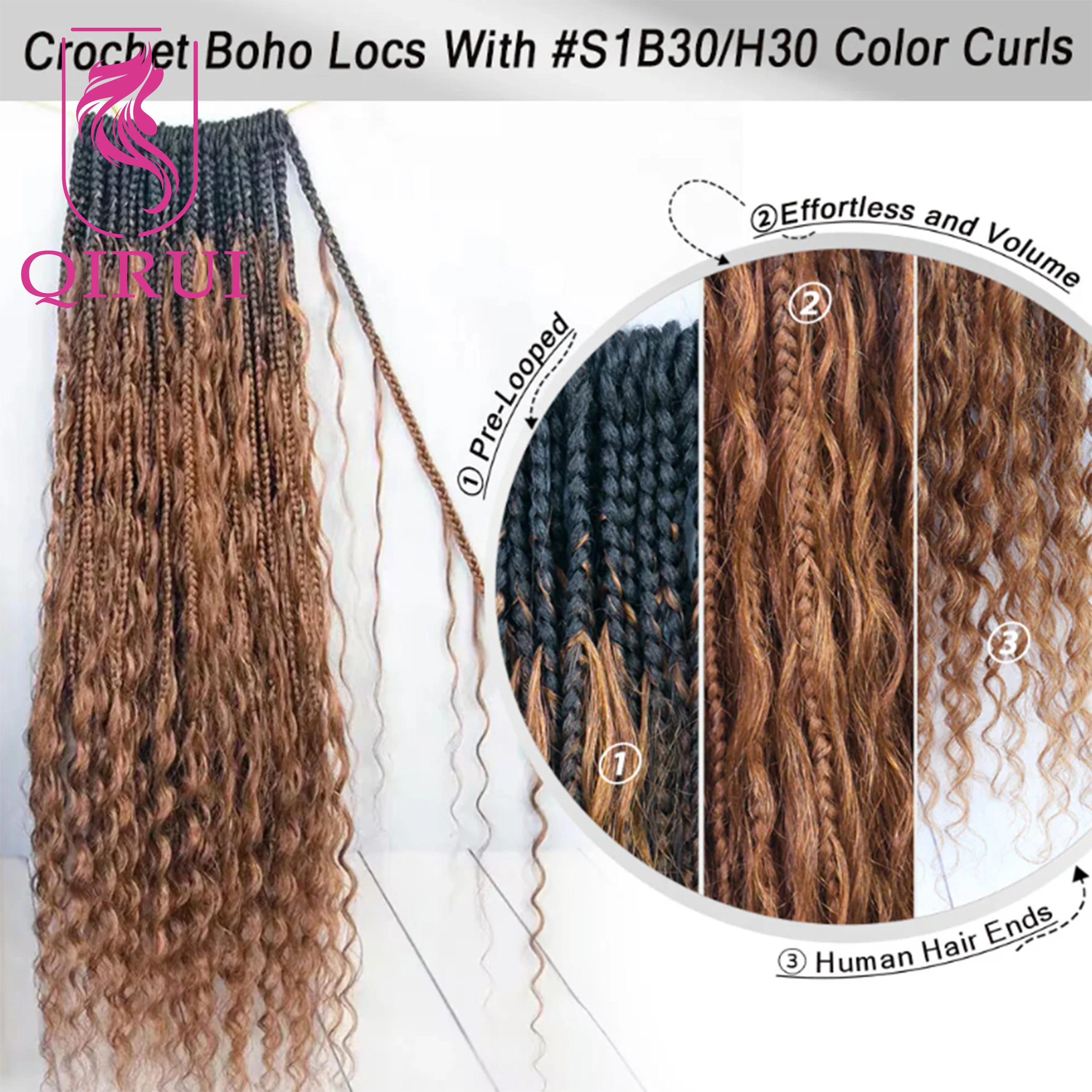 Ombre Brown #1B/30 Boho Crochet Box Braids with Human Hair Curls Deep Wave Pre Looped Box Braids Full Ends Hair Extensions