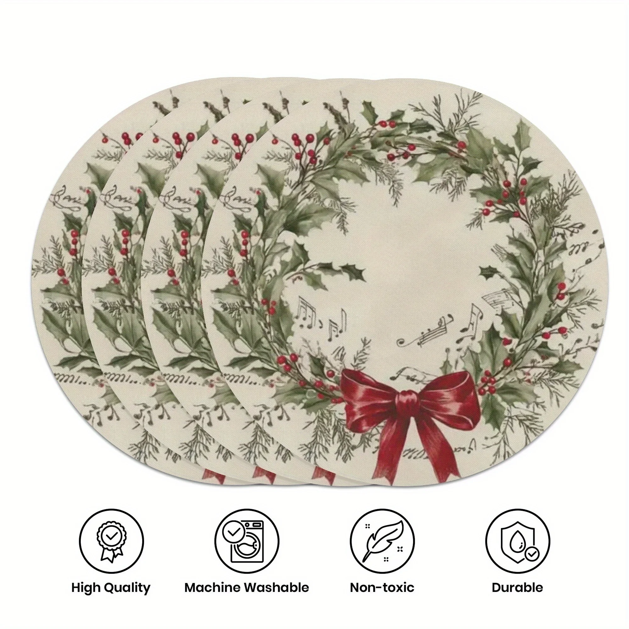 VIKAMA 4PC Weihnachten Holly Berry Mahlzeit Matte Grün Winter Rote Blätter Rote Beere Musik Schleife Tisch Weihnachten Party Dekoration