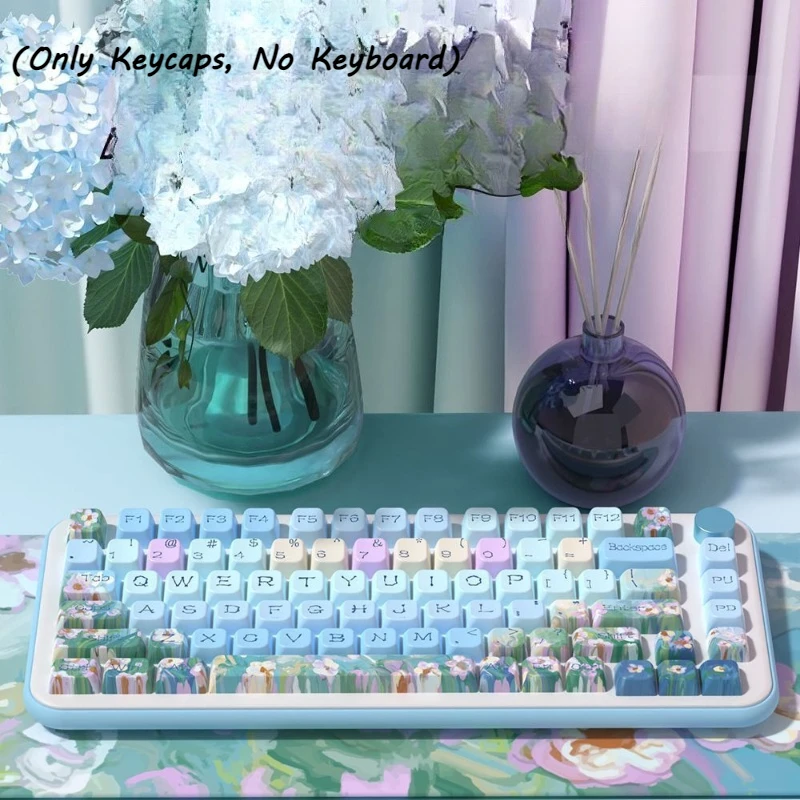 Vintage Oil Painting Daisy MDA Profile PBT Keycaps Set Blue Floral 5 Side Sublimation Keycap for Mechanical Keyboard Accessory