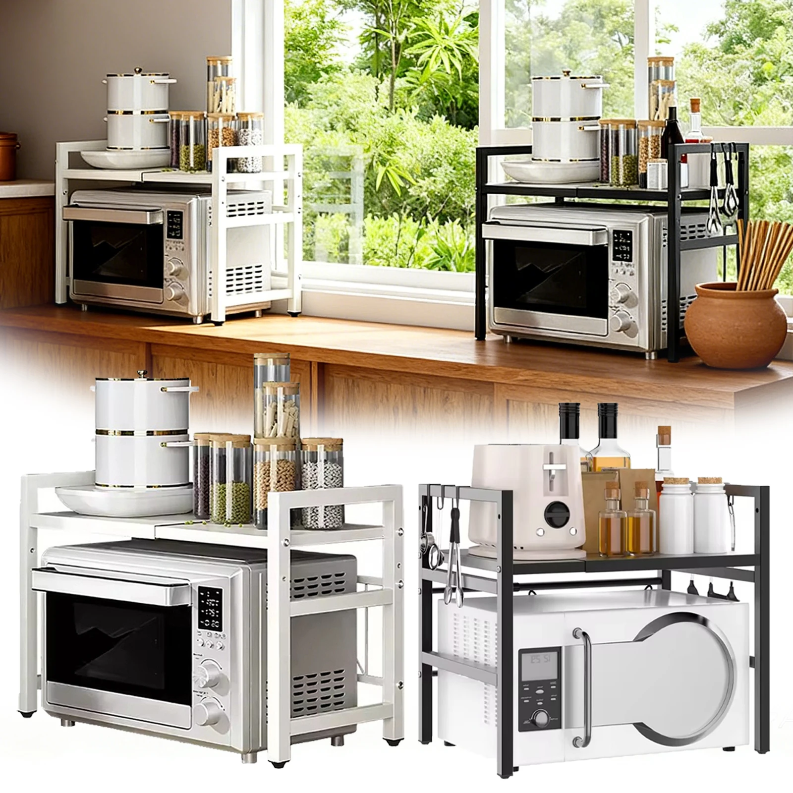 

Microwave Stand Rack Expandable Retractable Carbon Steel Moistureand Rust Proof Microwave Countertop Organizer Tableware Storage