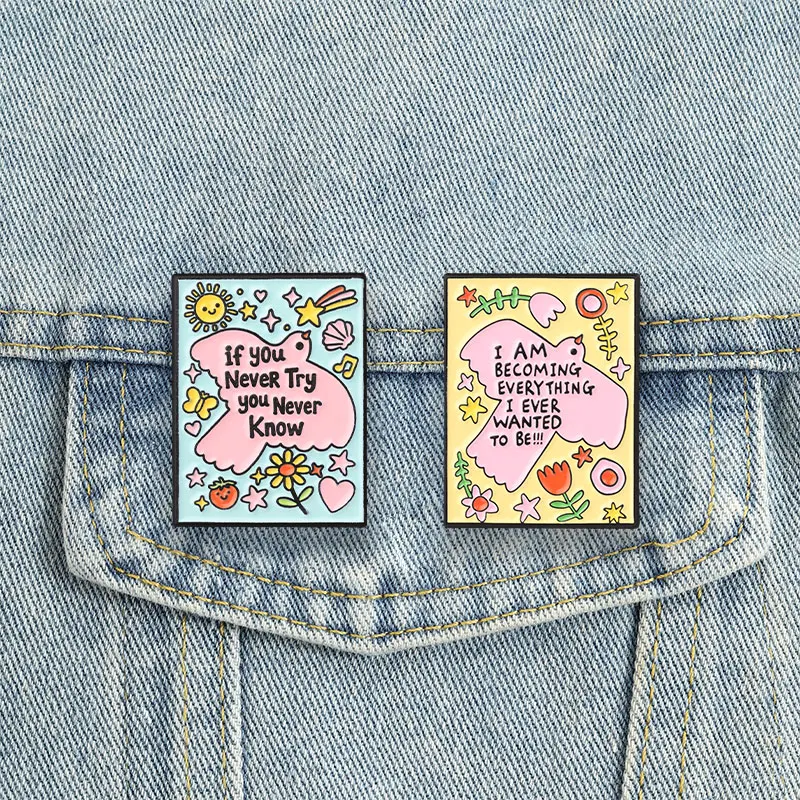 Inspirierendes Zitat Emaille-Abzeichen-Set „Ich werde alles“ Rosa Vogel Blume Metall-Brosche Revers-Accessoire Geschenk für Studenten – Detail 3