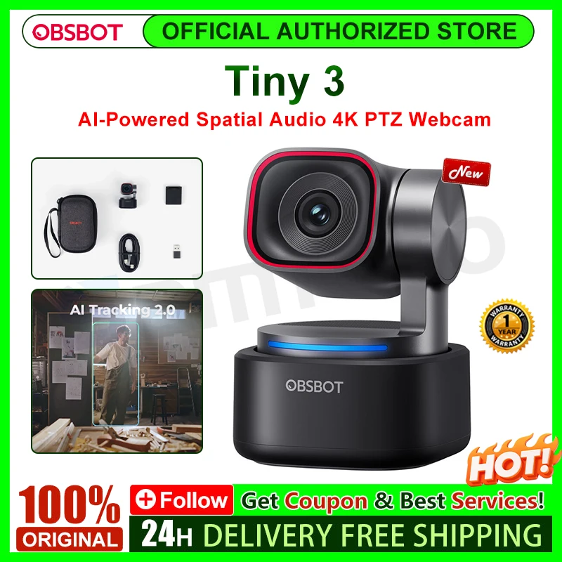 Nouvelle webcam PTZ OBSBOT Tiny 3 avec audio spatial IA, webcam PTZ USB 4K compacte avec zoom 4x