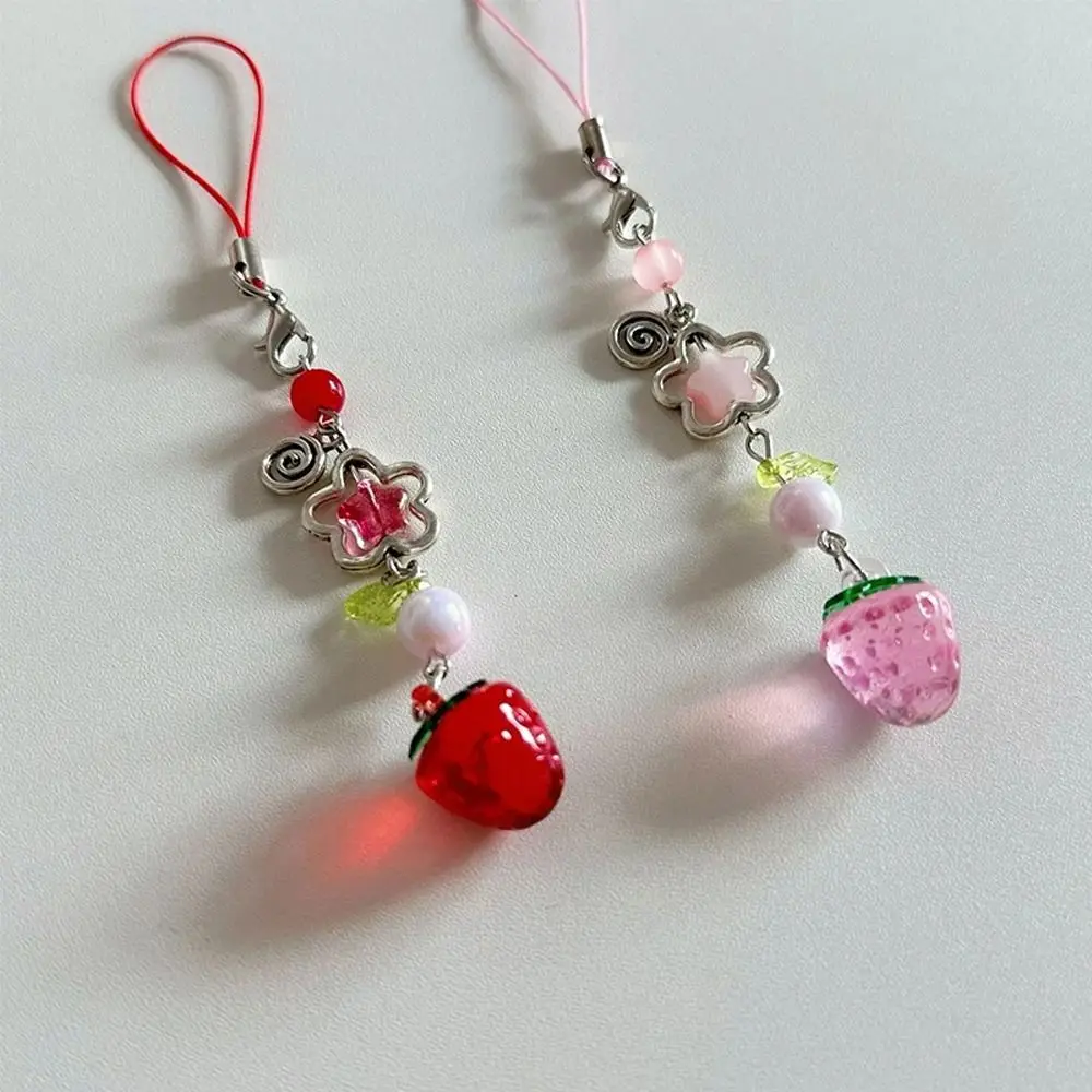 

Sweet Y2K Strawberry Phone Lanyard Beaded Transparent Fruits Phone Chain Pendant Pink Red Phone Strap Charm Cellphone Keychain