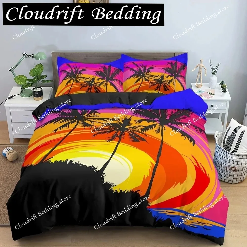 Tropical Coconut Palm Tree King Queen Duvet Cover Hawaii Seaside Sunset Bedding Set Sunrise Plant Polyester Quilt Cover