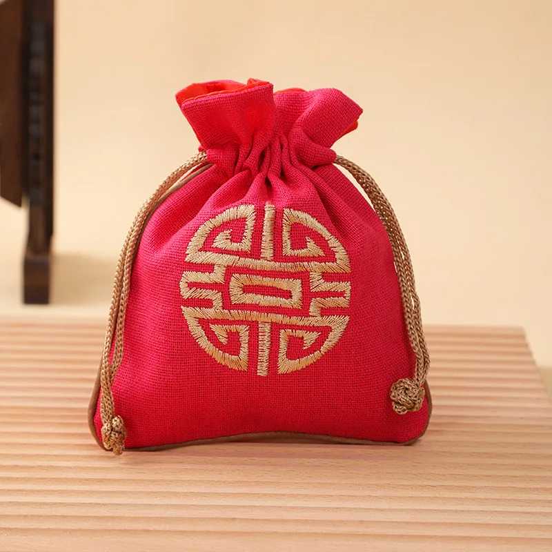 Vintage Leinen-Schmuckbeutel mit Kordelzug, bestickter chinesischer Knotenbeutel, Baumwoll-Leinen-Aufbewahrungstasche für kleine Gegenstände, 11,5*14cm, 14,5g – Detail 9