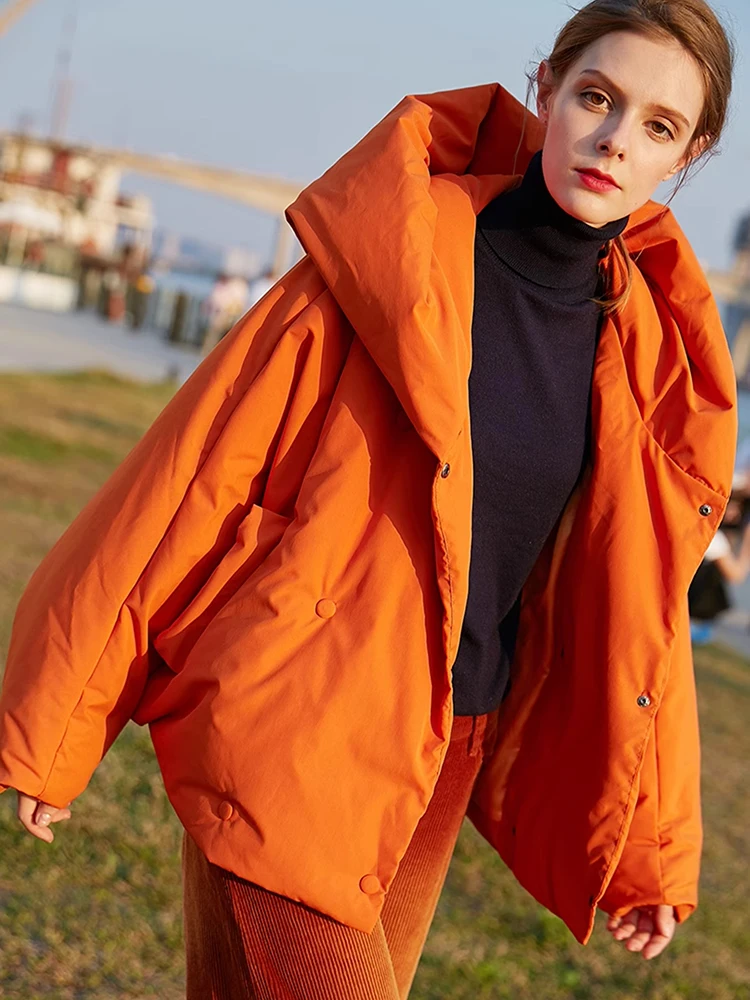Winter nieuwe warme jassen met lange mouwen en capuchon Damesparka\'s Mode Tij Losse pluizige oranje rode oversized donsjack