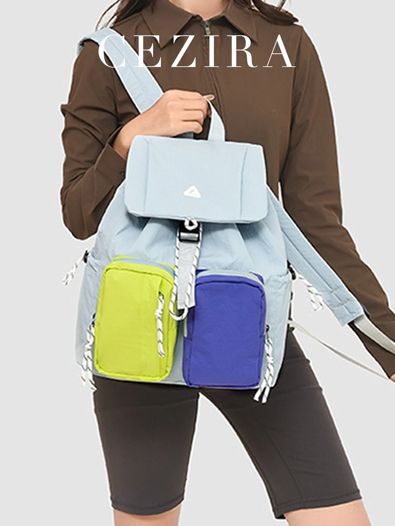 

CR Preppy Street Style Casual Soft Nylon Fabric Contrast Color Flap Cover Backpack Outdoors Multi Pockets Large Travel Knapsack