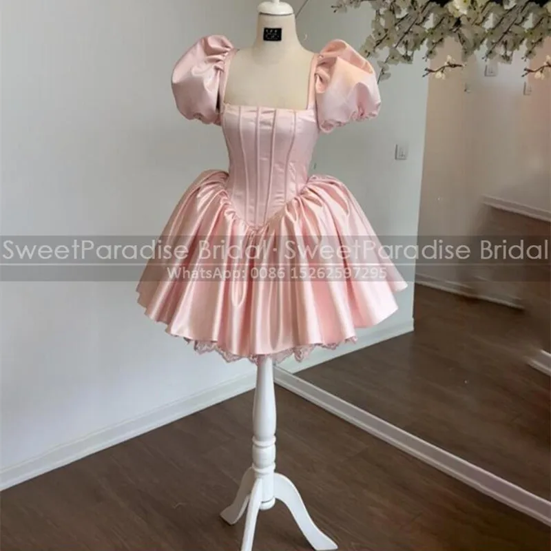 

Square Neck Short Prom Dresses With Short Sleeves Puffy A Line Customized Women Mini Evening Dress Party