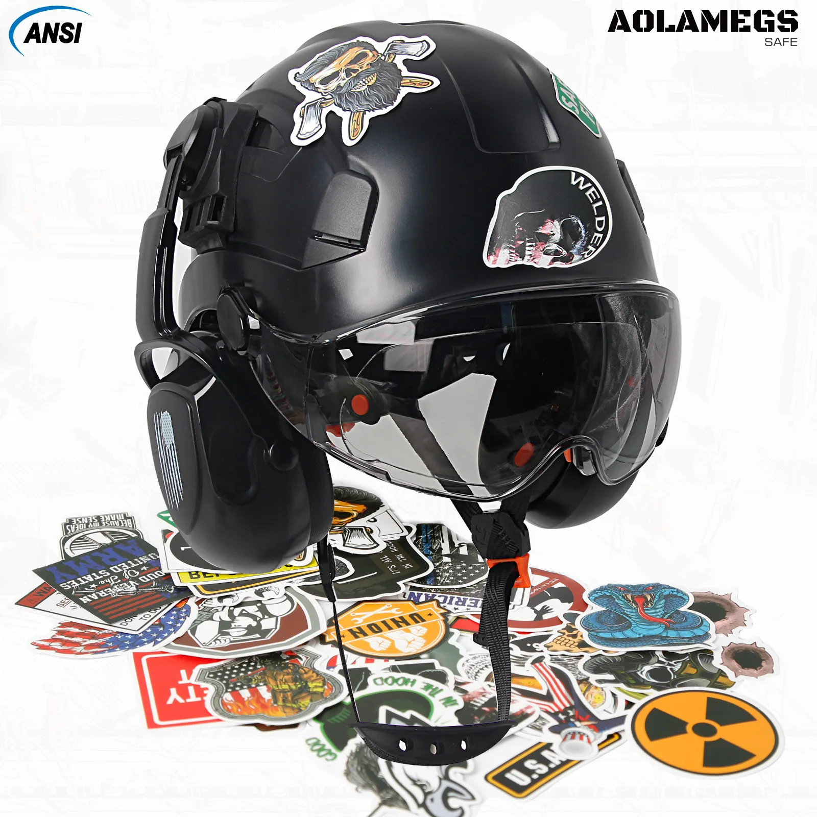Casco de seguridad con viseras, gafas integradas, orejera, reducción de ruido, pegatinas de dibujos animados para ingeniero, CE, casco duro, gorra de trabajo Industrial
