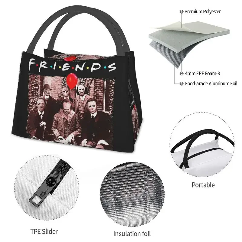 Horror Movie Friends Character Insulated Lunch Tote Bag for Women Halloween Portable Cooler Thermal Bento Box Work Travel