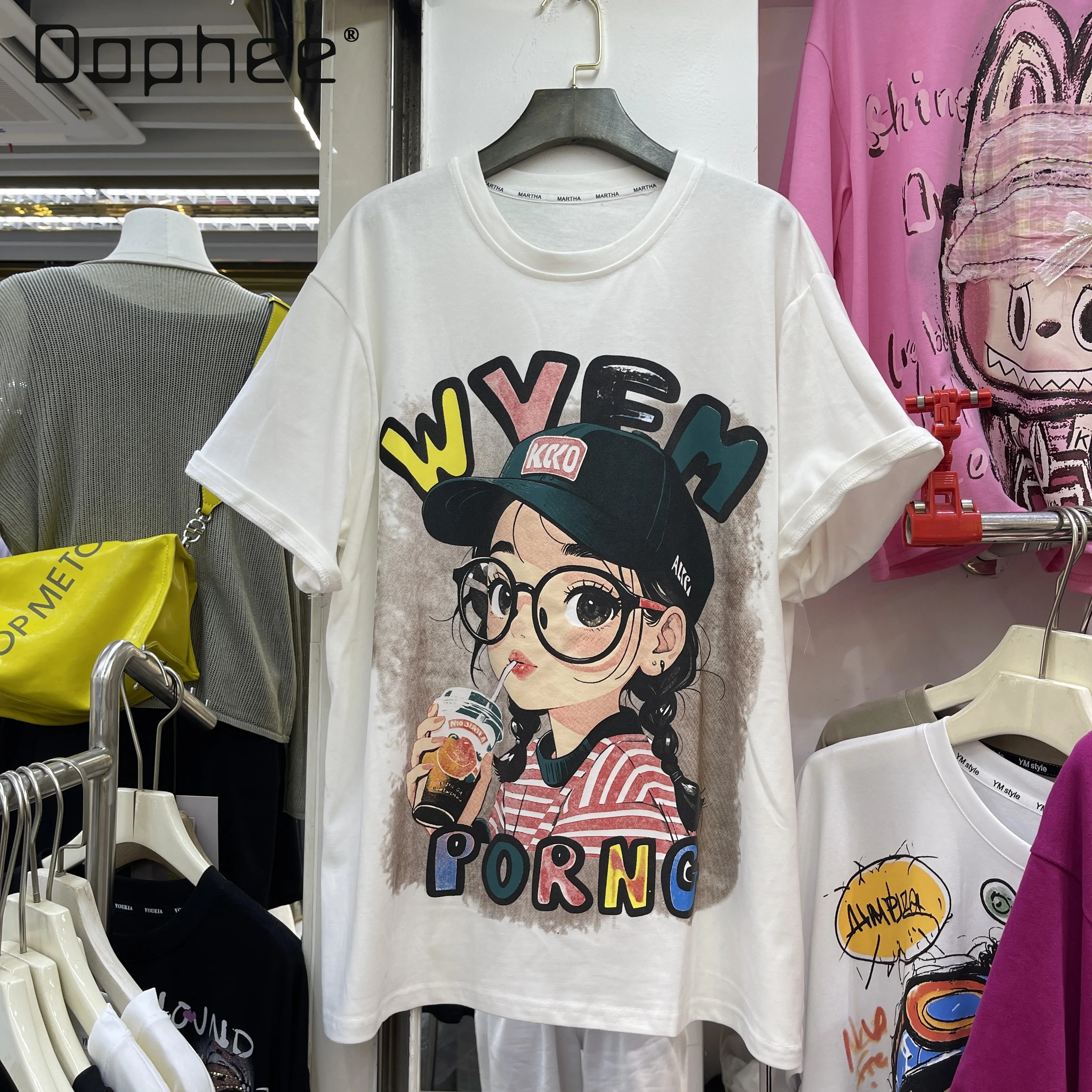 

Cartoon Print Short Sleeve T-Shirt for Women 2025 Autumn New Thick Round Neck Mid-Length Youthful T-Shirt Top Kawaii Clothes