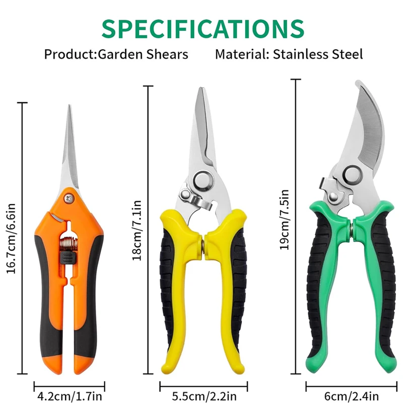 3-piece Stainless Steel Blade Hand-held Trimmer Pruning, Flower Picking, Fruit Picking, Fruit tree Gardening Scissors