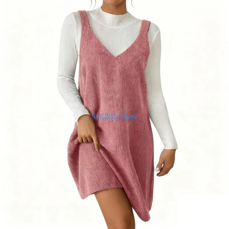 G5GC Damska sukienka sztruksowa z dekoltem w kształcie litery V, jesienna mini sukienka z fartuszkiem