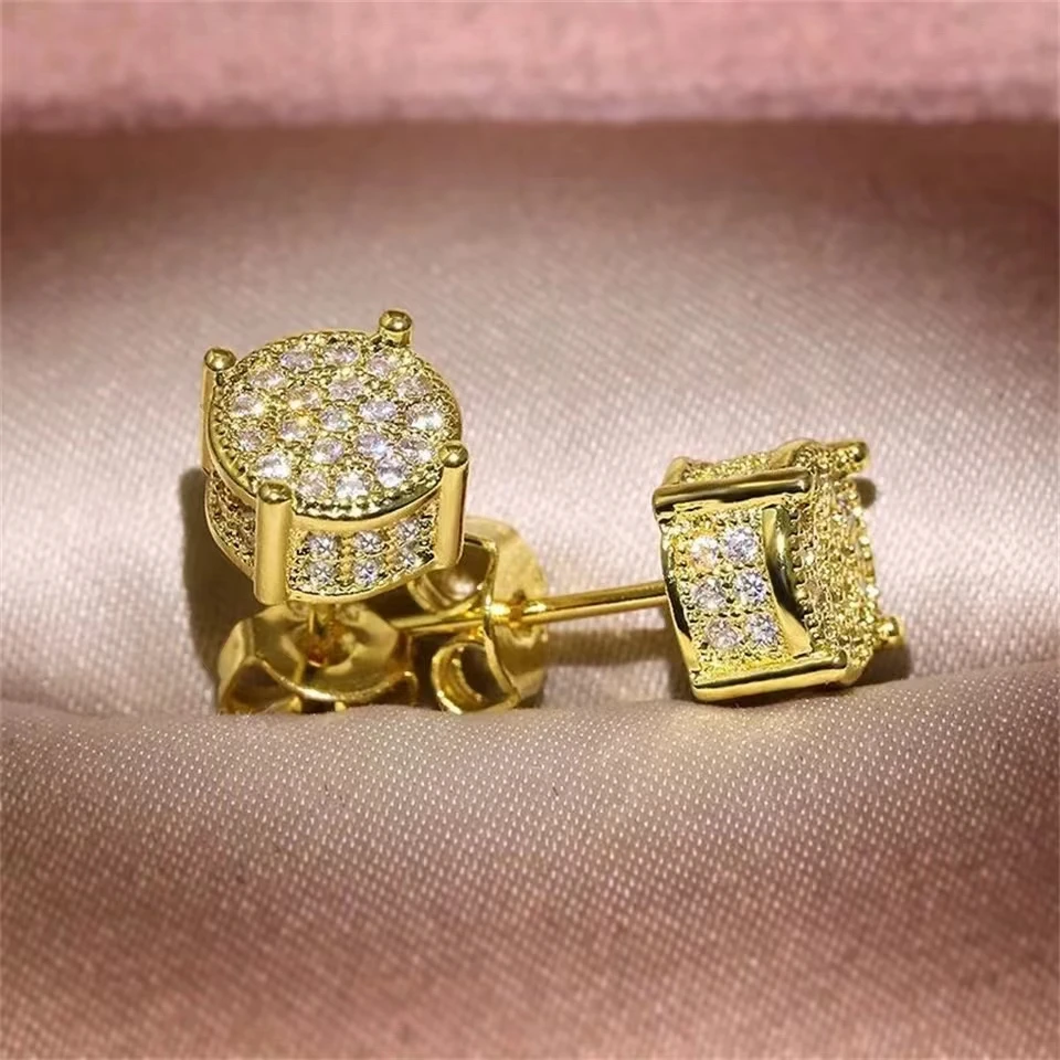 Gold-Color Square Ear Studs For Women Fashion Shiny Classic Rhinestone Tiny Earrings Jewelry Gift Gold-Color Round Ear Studs