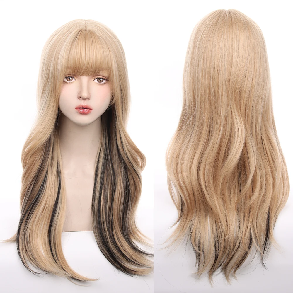 

Long Wavy Blonde Ombre Brown Blonde Ombre Pink Highlights Layered Wig Synthetic Fluffy Lolita Cosplay Wig for Daily Party