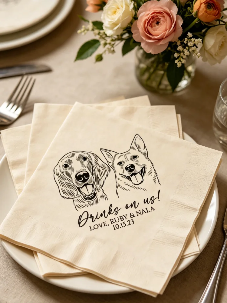 

Custom Dog Pet Portrait Personalized Wedding Cocktail Napkins Disposable Paper Napkins For Dog Lover Wedding Reception Table