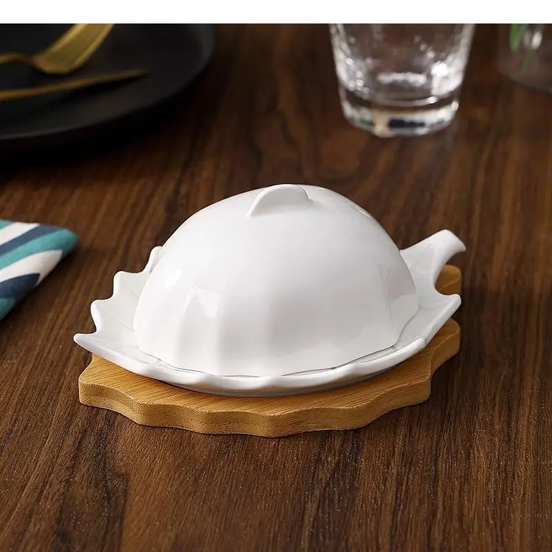 Ceramic Butter Plate with Lid Leaf Shaped Box Cheese Dim Sum Plates Household Solid Color Tableware