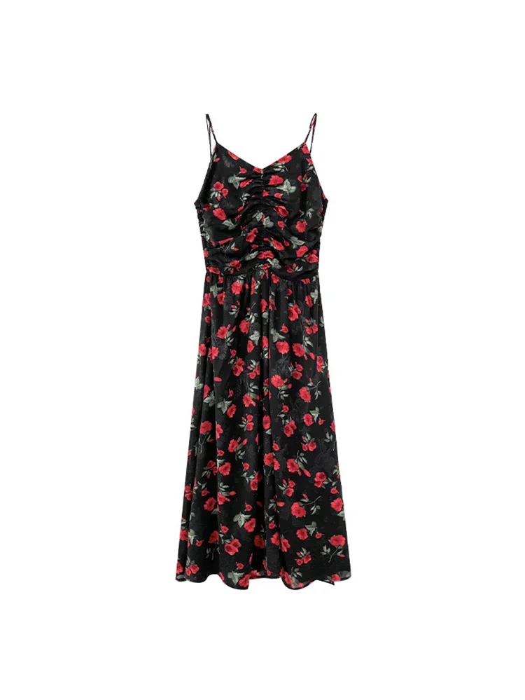 Kiesza lyte-Robe de plage sexy pour femmes, tenue française vintage, imprimé floral, bretelles spaghetti, élégante, mi-longue, pour l'été, 2024