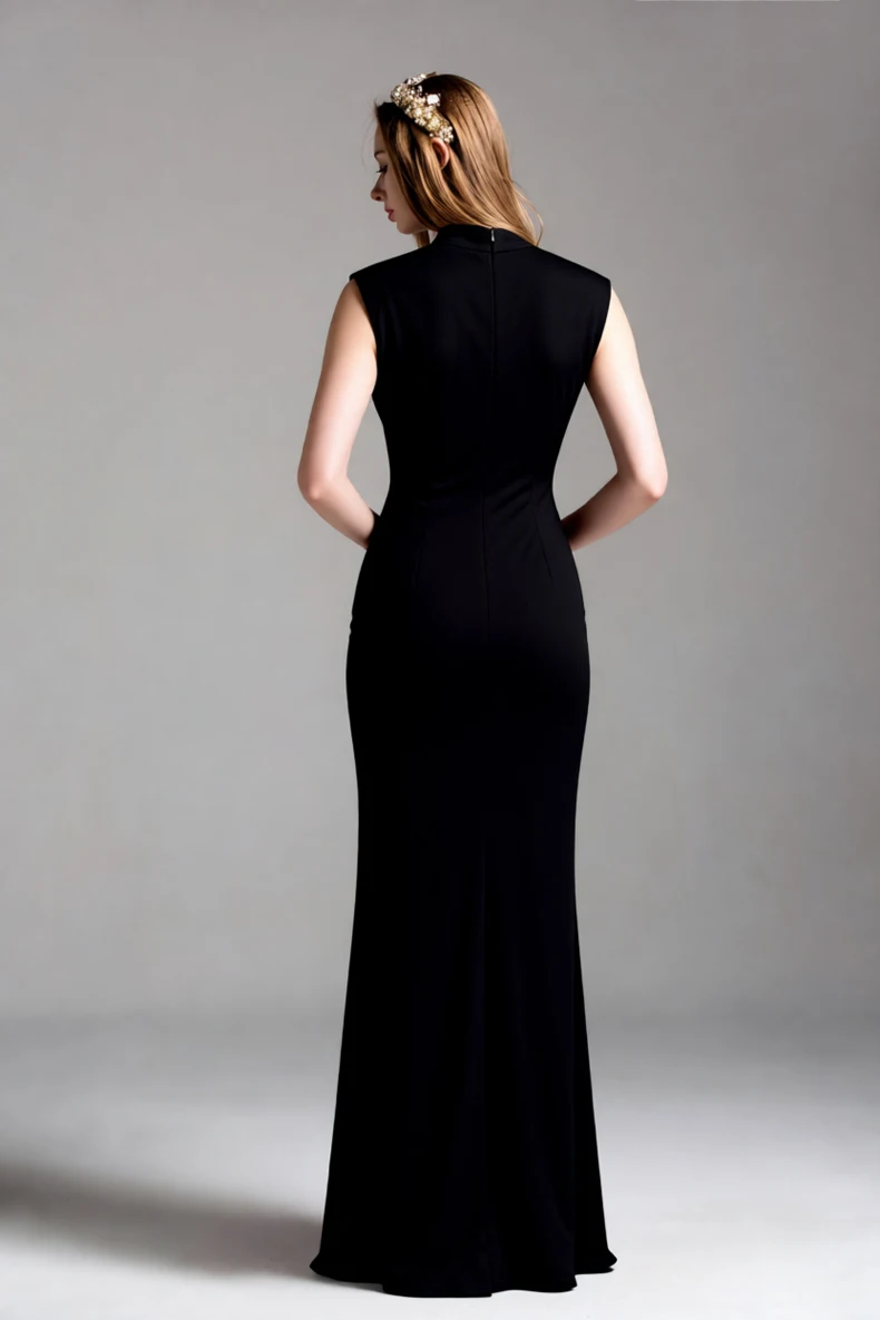 فستان نسائي طويل أسود برقبة عالية بدون أكمام - فستان طويل أنيق بسحاب جانبي للحفلات والسهرات والزفاف #6