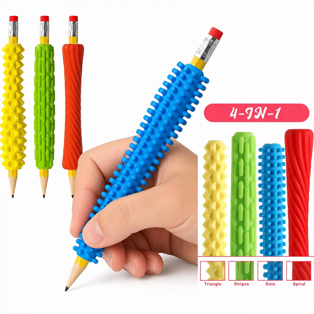 4 poignées de crayon en silicone texturé, adaptées à un usage professionnel. Il possède des fonctions de stimulation sensorielle et de réduction du stress, contribuant à soulager l'anxiété. Applicable à diverses situations telles que les récompenses d'anniversaire, les cadeaux pour le TDAH, etc. Un outil silencieux anti-stress conçu pour la méditation et la réduction du stress, disponible en plusieurs couleurs et plein d'éléments amusants.