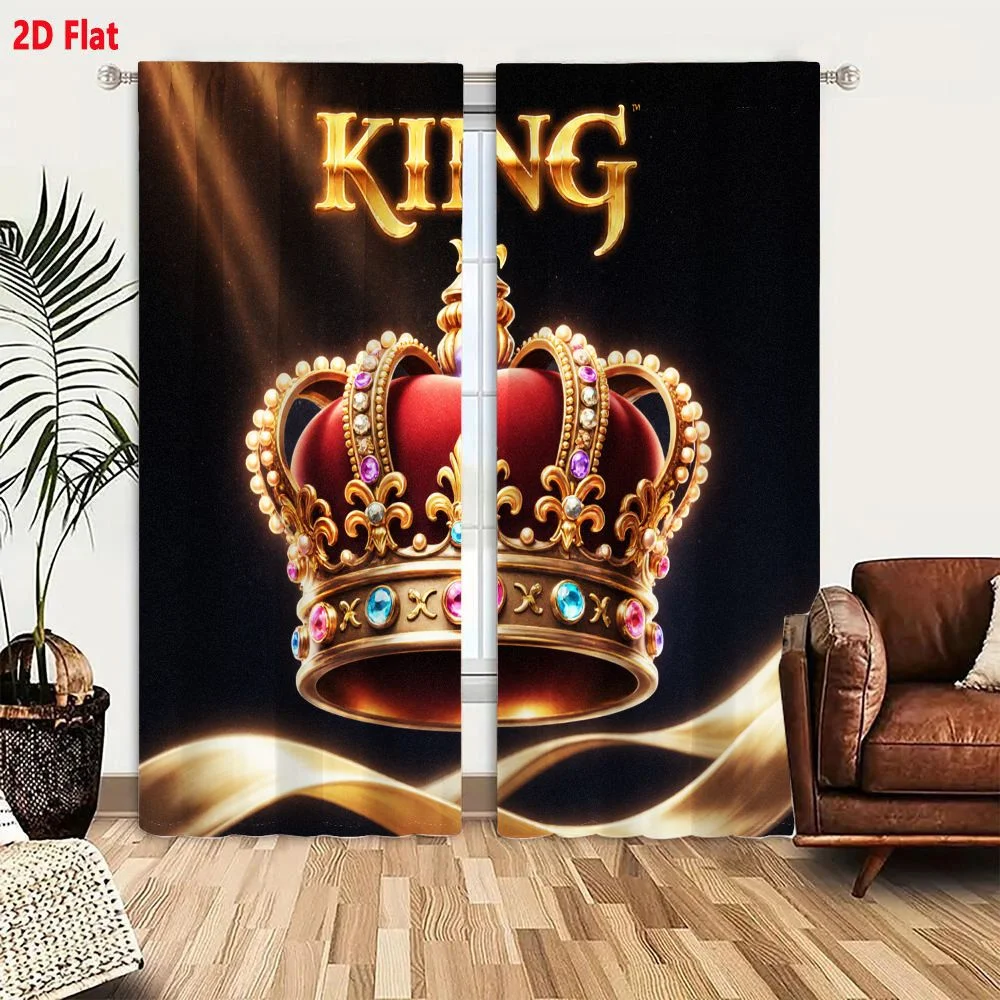 2Pcs Curtains 2D Flat Luxurious Ornate Crown With Red Velvet Base Gold Detailing Fleur-de-lis Gemstones Pink Blue Purple Jewels
