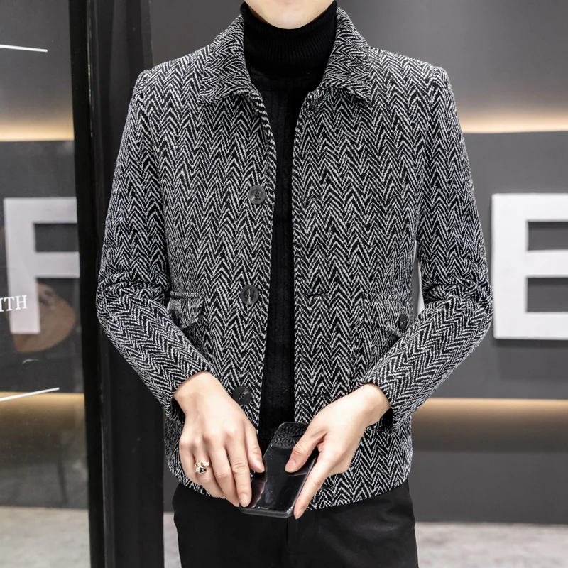 

2025 Winter Fashionable Thickened Top Men's Jacket Short Lapel Woolen Overcoat Trend High-Quality Korean-Style Trench Coat