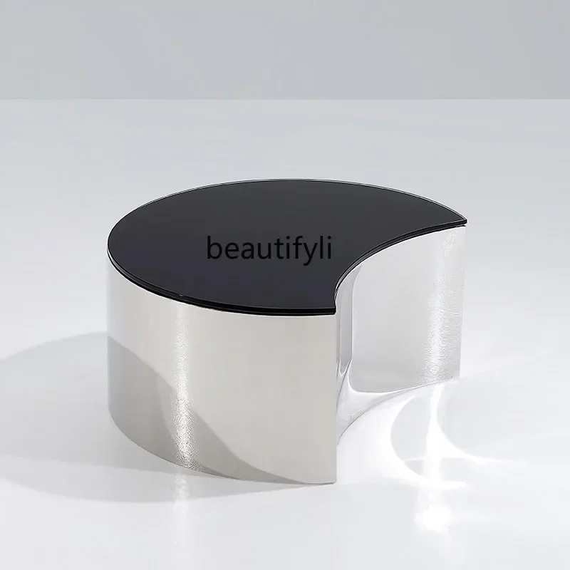 TTT Italian minimalist stainless steel round coffee table living room tempered glass light luxury high-end designer