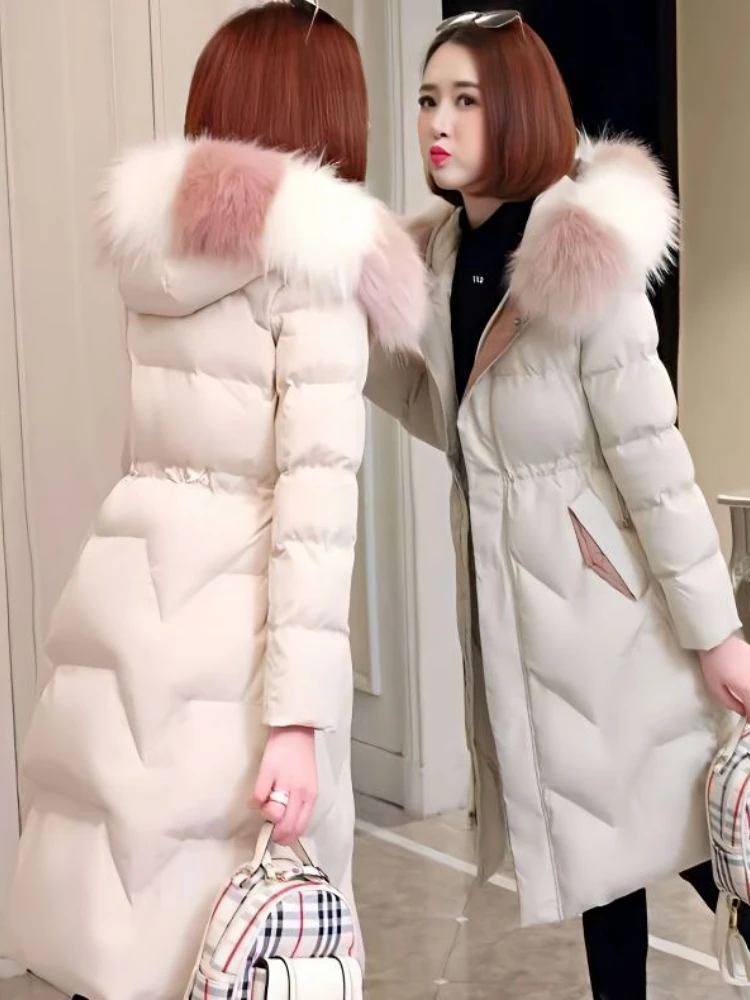 

Women Cotton Padded Jacket Mid-length Coats 2023 Winter Thicken Cotton Jackets Female Ins Over-The-Knee Large Fur Collar Outcoat