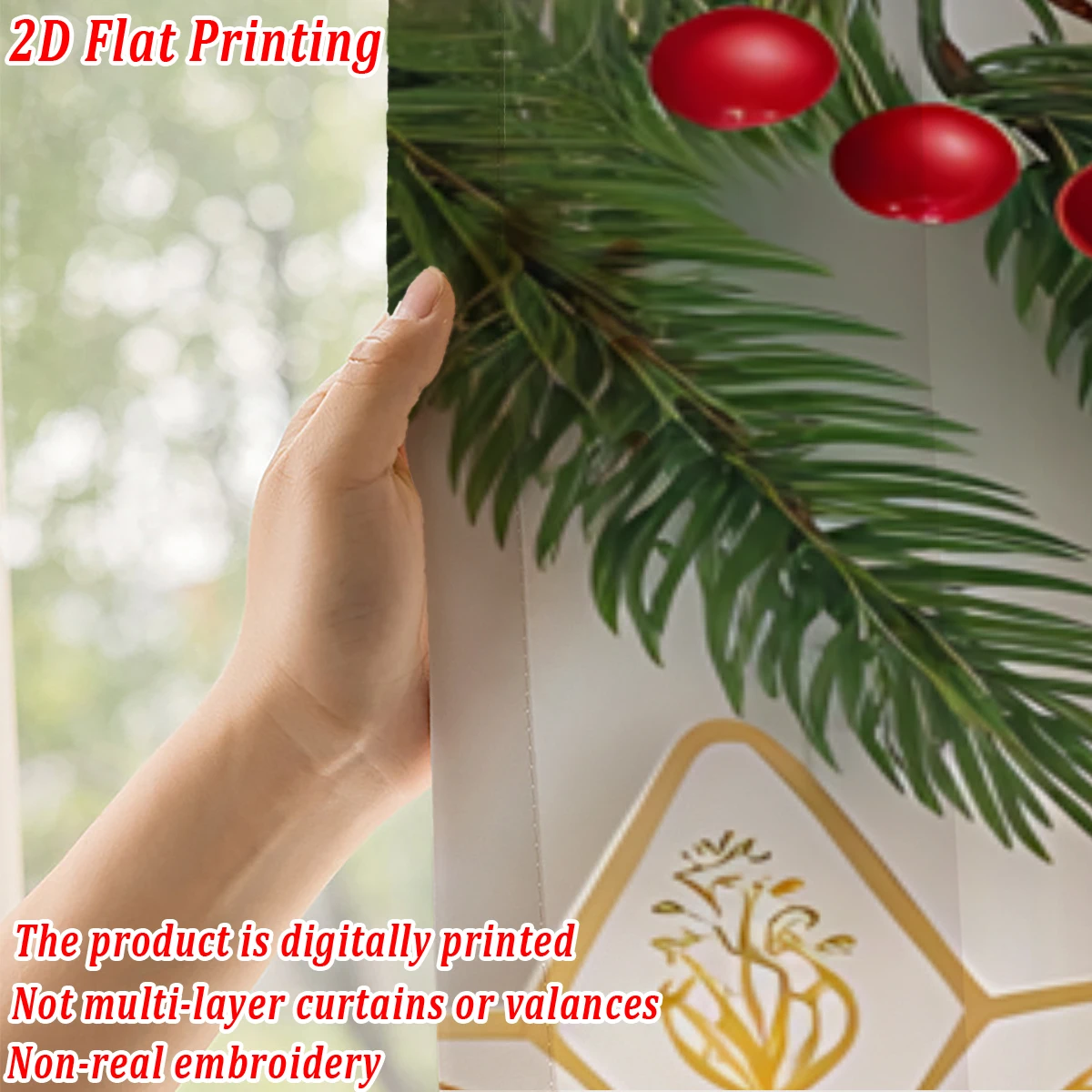 クリスマス柄のキッチン用シアーカーテン、メリークリスマスのボール、星、ベリー、松の枝付き、クリスマスの家の装飾、パーティー用