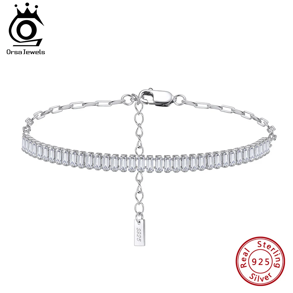 

ORSA JEWELS Solid Silver Tennis Bracelet Emerald Cut CZ with PaperClip Chain Cubic Zircon Bracelet Elegant Shiny Female SB215