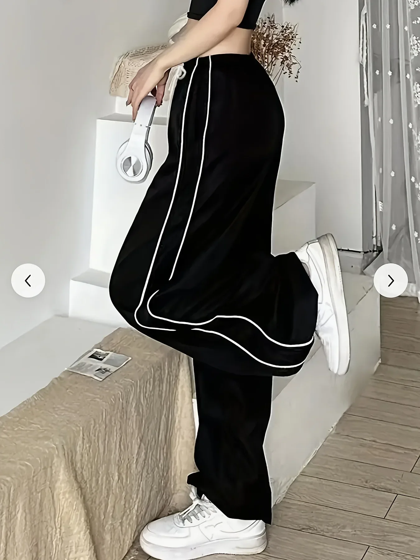 กางเกงวอร์มขายาวสีดำสำหรับผู้หญิง มีแถบข้าง เอวผูกเชือก ทรงหลวม สไตล์ลำลอง สตรีทแวร์