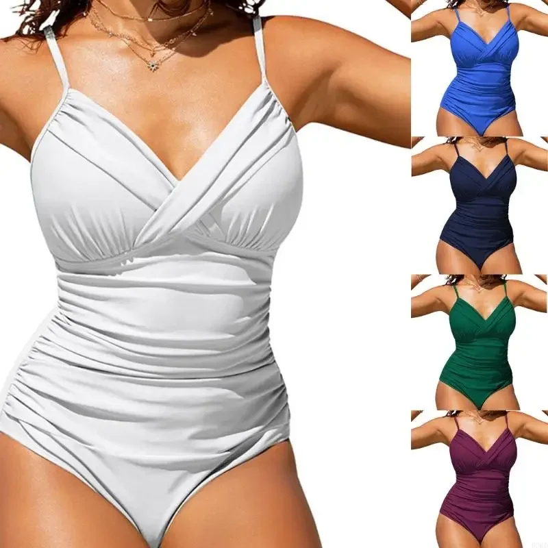 1 Piece Swimsuit For Women Ruched Backless Bathing Suit 1 Piece Swimwears Monkini V Neck Belly Control Swimwears 24BD