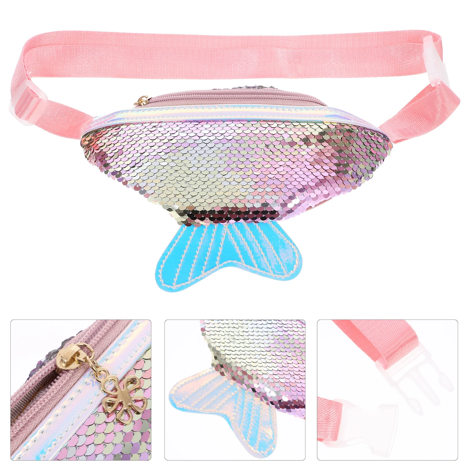 

Multifunctional Fish Tail Sequins Waist Bag Pink Mini Crossbody Shoulder Pouch for Travel Hiking and Dog Walking