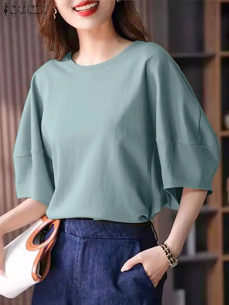 

ZANZEA Elegant Basic Round Neck Tops Women Puff Half Sleeve Blouse Blusas 2024 Summer Solid Holiday Shirts Casual Loose Tunics