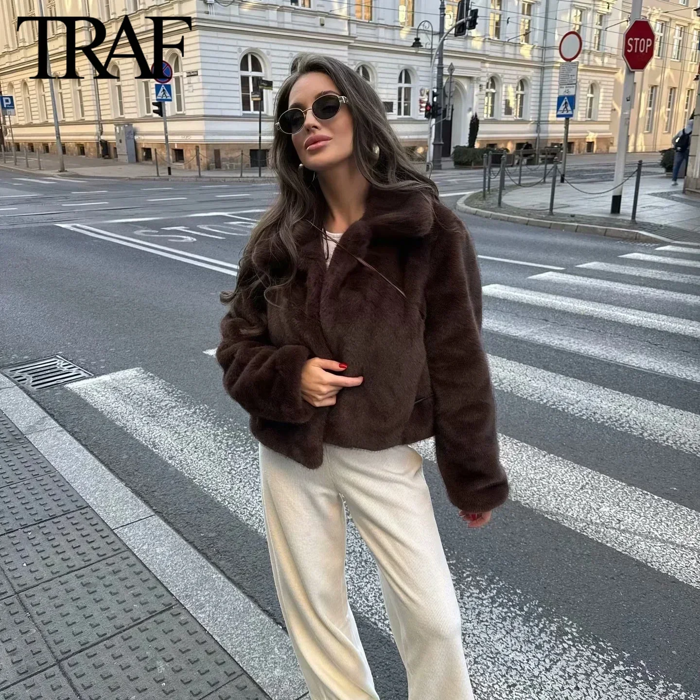 TRAF Faux Fur Jacket for Women Fashion 2024 Winter New Artificial Fur Effect Lapel Long Sleeved Short Coats Chic Ladies Top