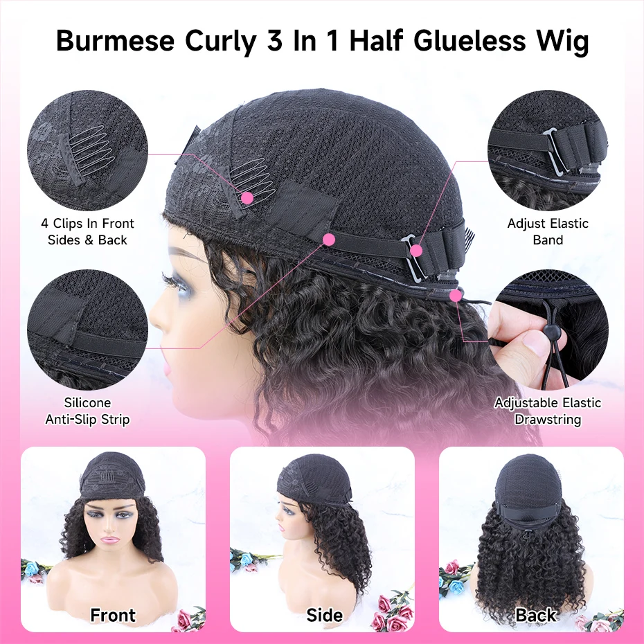 Kinky Curly Half Wig 250 Density Double Drawn Invisible Drawstring Machine Made Wigs Human Hair Ponytail Invisible Hairline Half Wig Natural Colored Ready To Wear Vietnamese Human Hair Wig 18 20 22 24 26 Inch Free Shipping