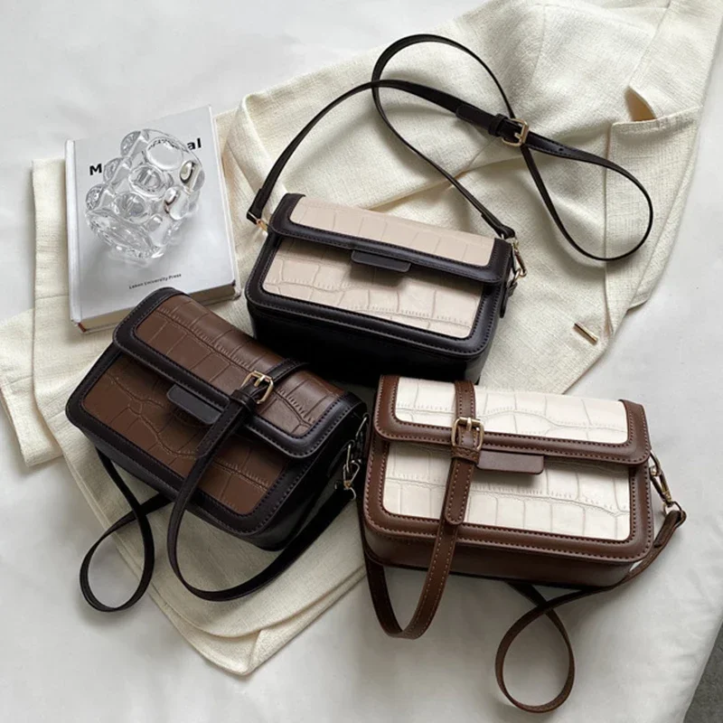 New Fashion Brown and White Women\'s Shoulder Bag Vintage Elegant S Simple Style Crossbody Small Square Buckle Messenger