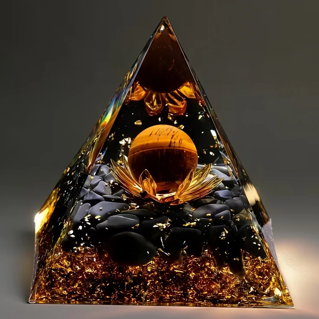 1pc Black & Golden Crystal Pyramid with Tiger Eye Ball - Natural Stone, Perfect for Room Decor & Creative Gifts