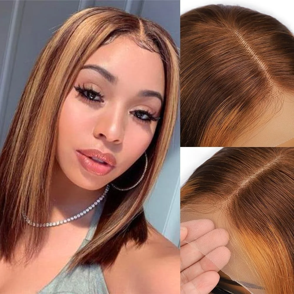 Прямой Боб 13X4 Медовый Блондин Парик Фронта Шнурка Парики Человеческих Волос Выделите Предварительно Сорванный Прозрачный Парик Фронта Шнурка Для Женщин 4/27