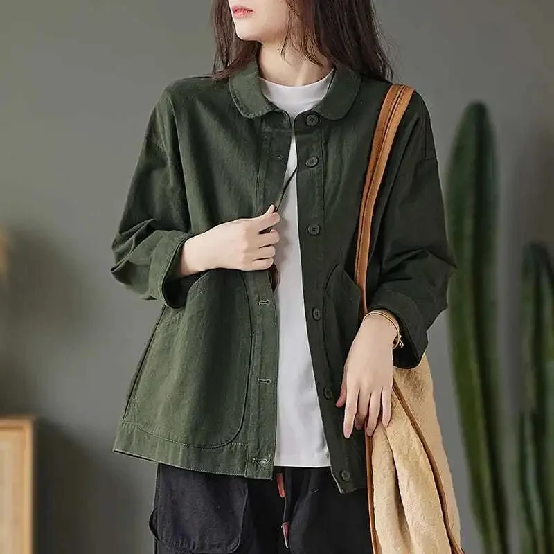 Spring Autumn Women Short Twill Cotton Jacket 2024 Retro Style Female Long Sleeved Large Pocket Coat Lady Loose Leisure Outwear