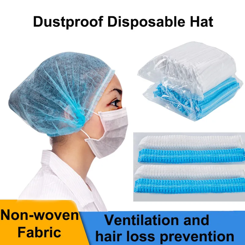 100Pcs Non-Woven Disposable Caps Breathable Anti-Dust Round Hat With Elastic Cord Keep Hair Clean For Cosmetics Kitchen Cooking​