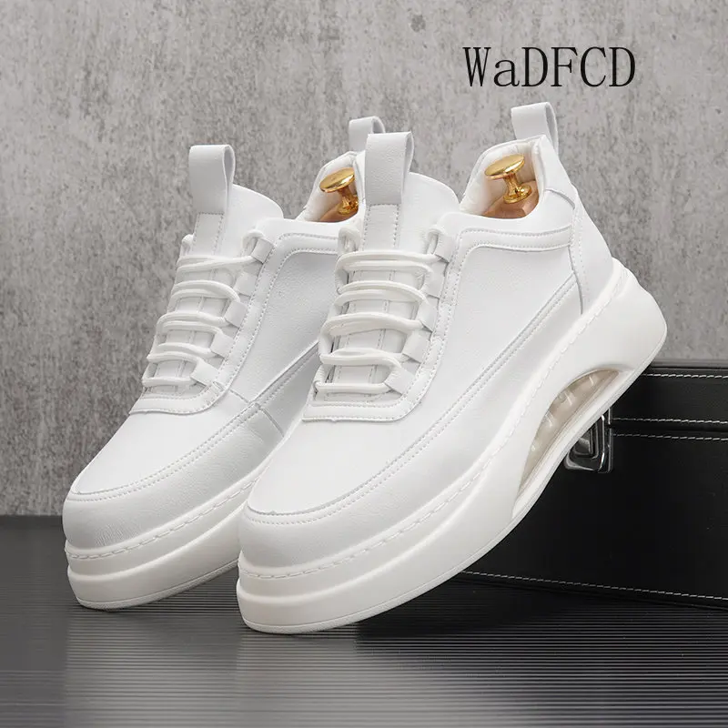 Running Sneakers Men Air Cushion White Shoes Fashion Casual Leather Breathable Height Increased Flat Platform Board Shoes